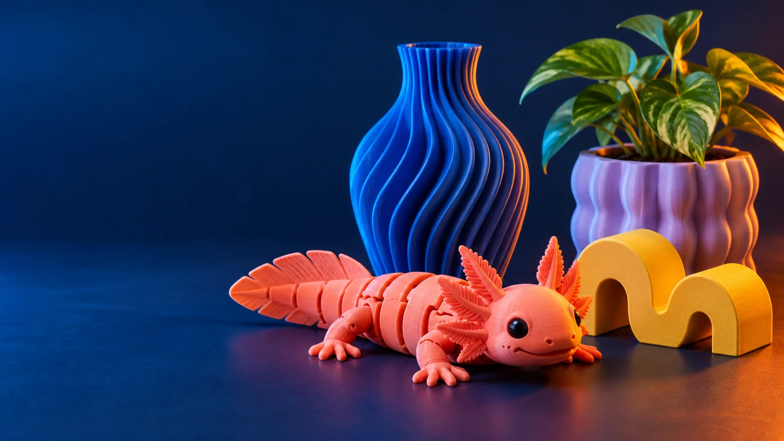 Compoziție ilustrativă cu obiecte 3D colorate, jucării și vase cu relief